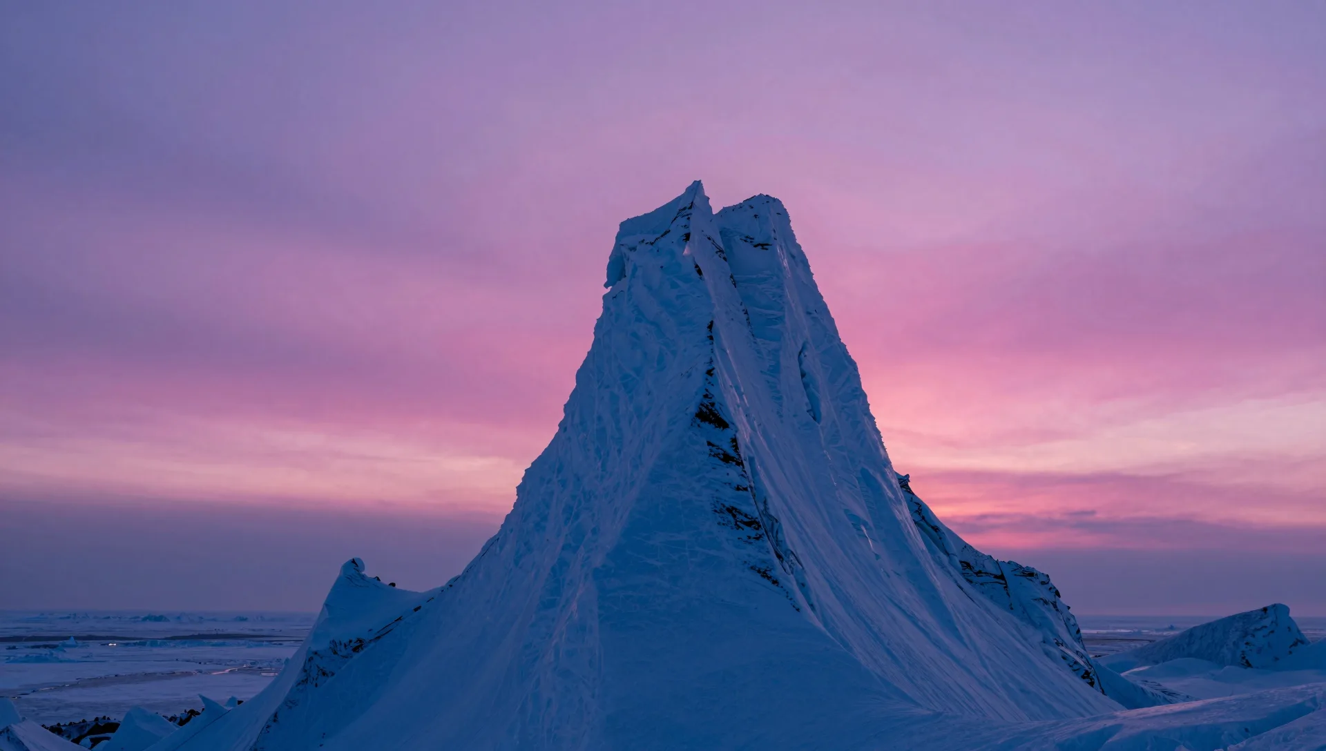 Tall layered ice formation rising in horizontal strata, magenta sky behind, electric-blue rim light