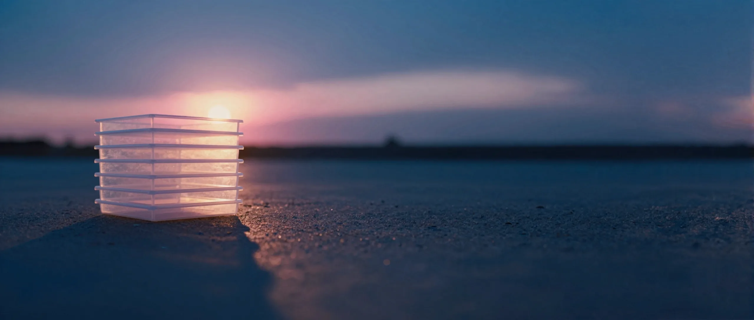 Translucent layered stack casting a long shadow at twilight