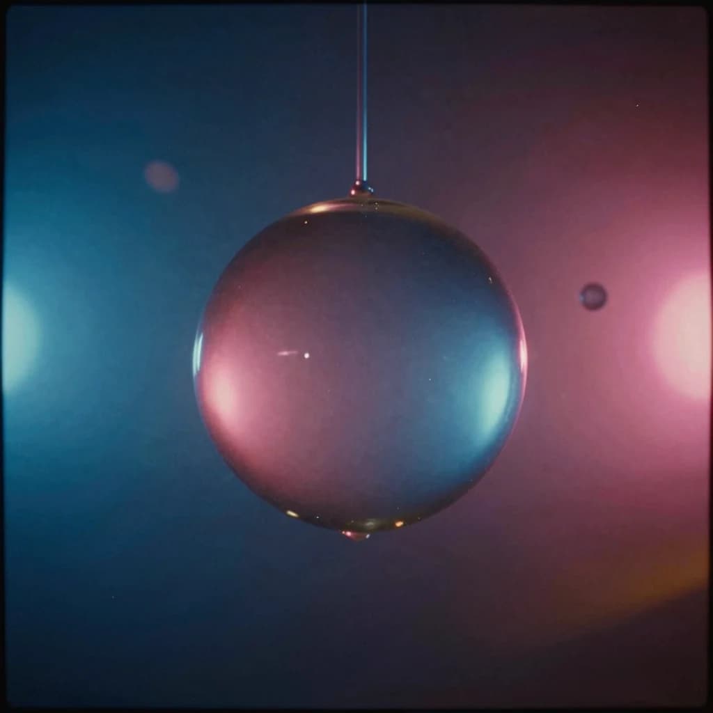 Suspended liquid sphere with organic surface tension, electric-blue rim catching warm-pink horizon glow