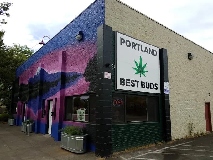 Portland Best Buds dispensary storefront, exterior with the Portland Best Buds signboard featuring a green cannabis-leaf icon and a purple-and-pink mountain mural along the side wall.