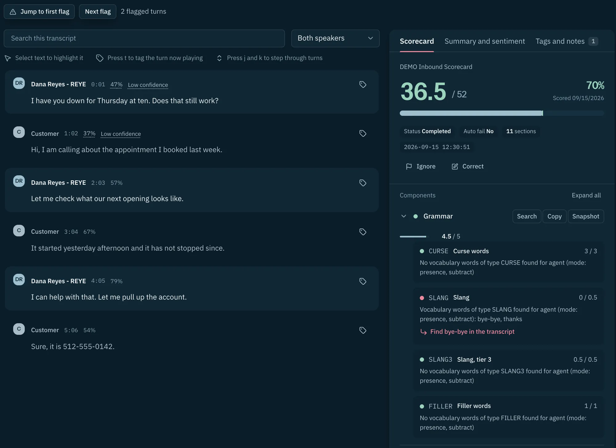 Call transcript with speaker turns and the scorecard alongside it