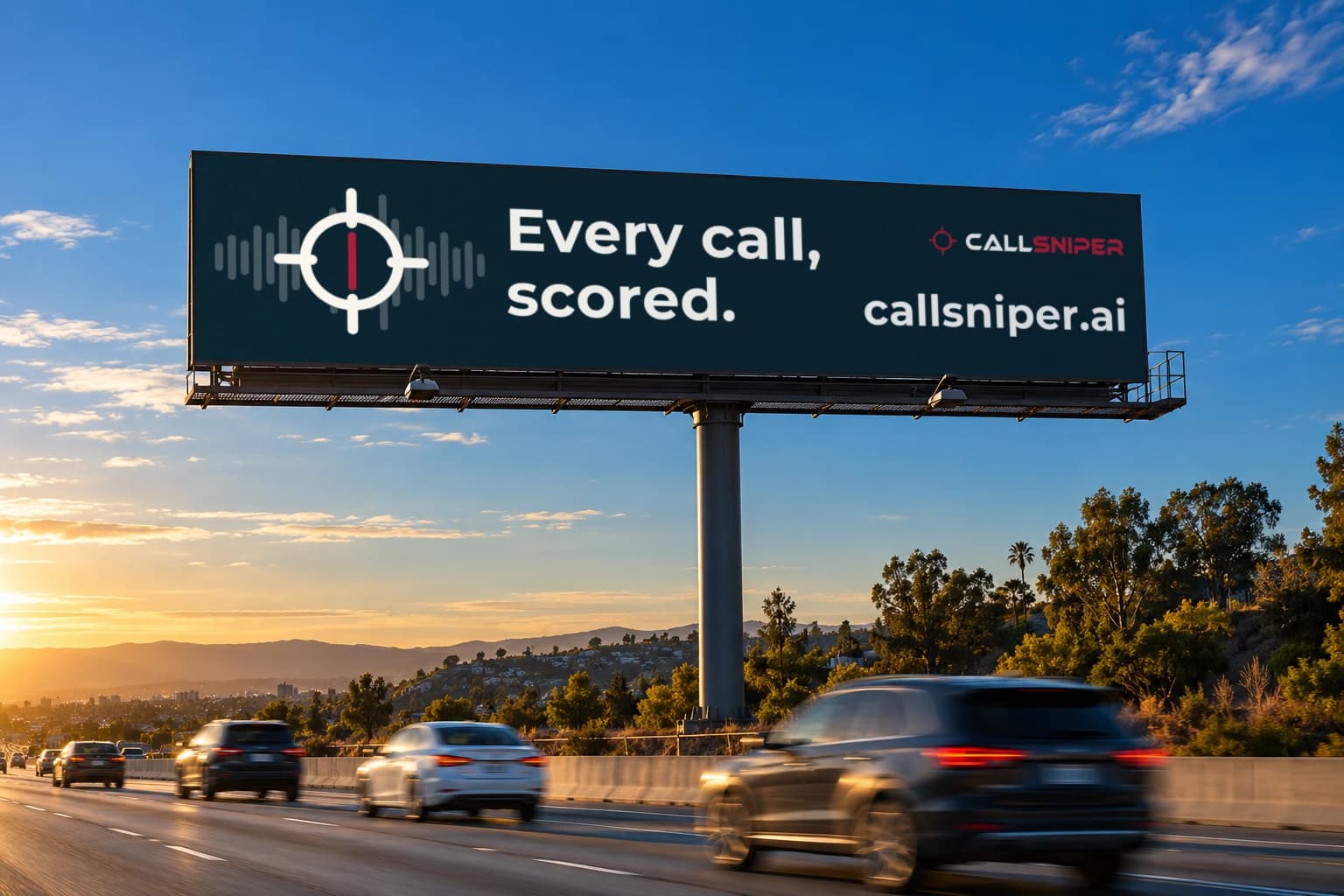 CallSniper billboard mockup with the crosshair, waveform and callsniper.ai address