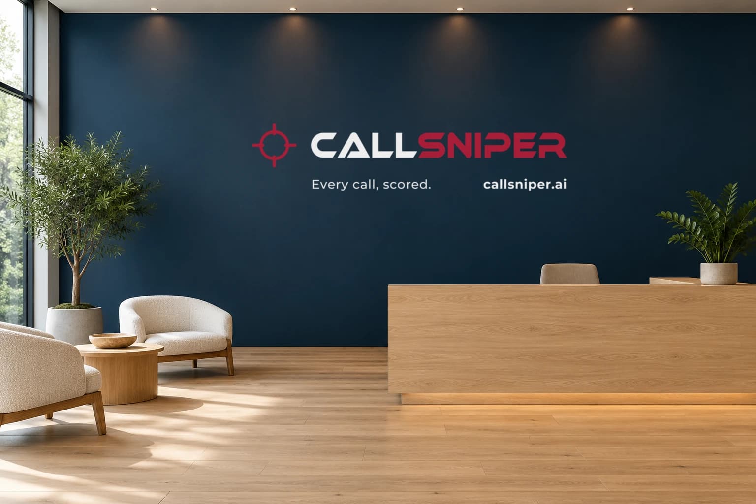 CallSniper identity mocked up on a navy reception wall