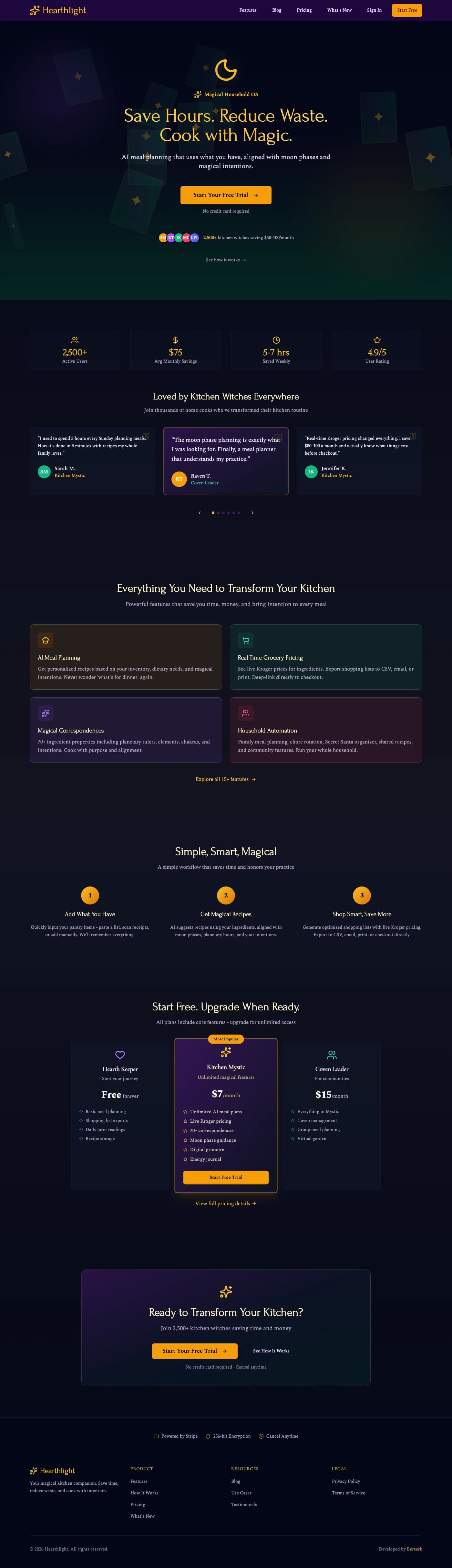 Hearthlight homepage, full page. Night-sky hero with drifting tarot cards and the Save Hours, Reduce Waste, Cook with Magic headline, then stats, testimonials, the four feature pillars, the three-step workflow, and three pricing tiers.