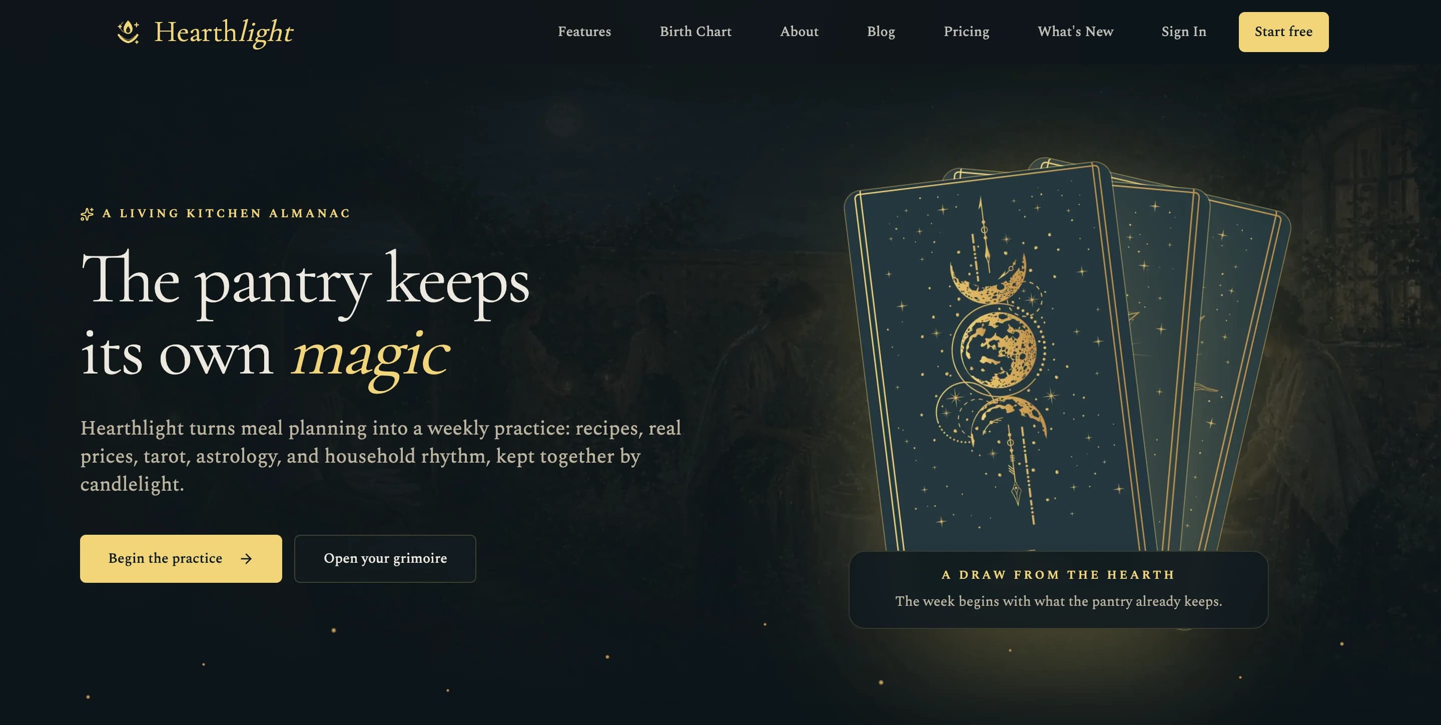 Hearthlight website with its gold tarot artwork and meal planning introduction