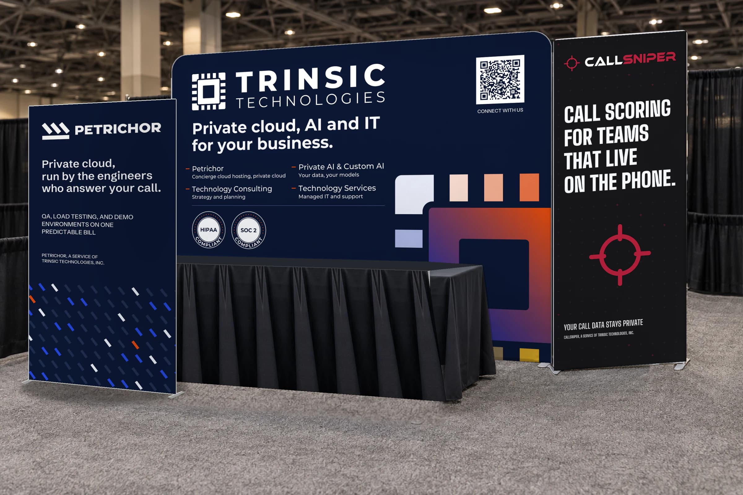Conference booth mockup with Petrichor beside Trinsic Technologies and CallSniper.