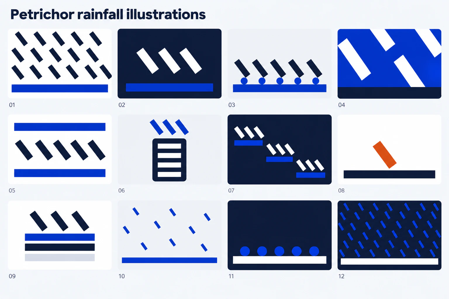 Petrichor rain system board showing how its bars become patterns, servers and geometric illustrations.
