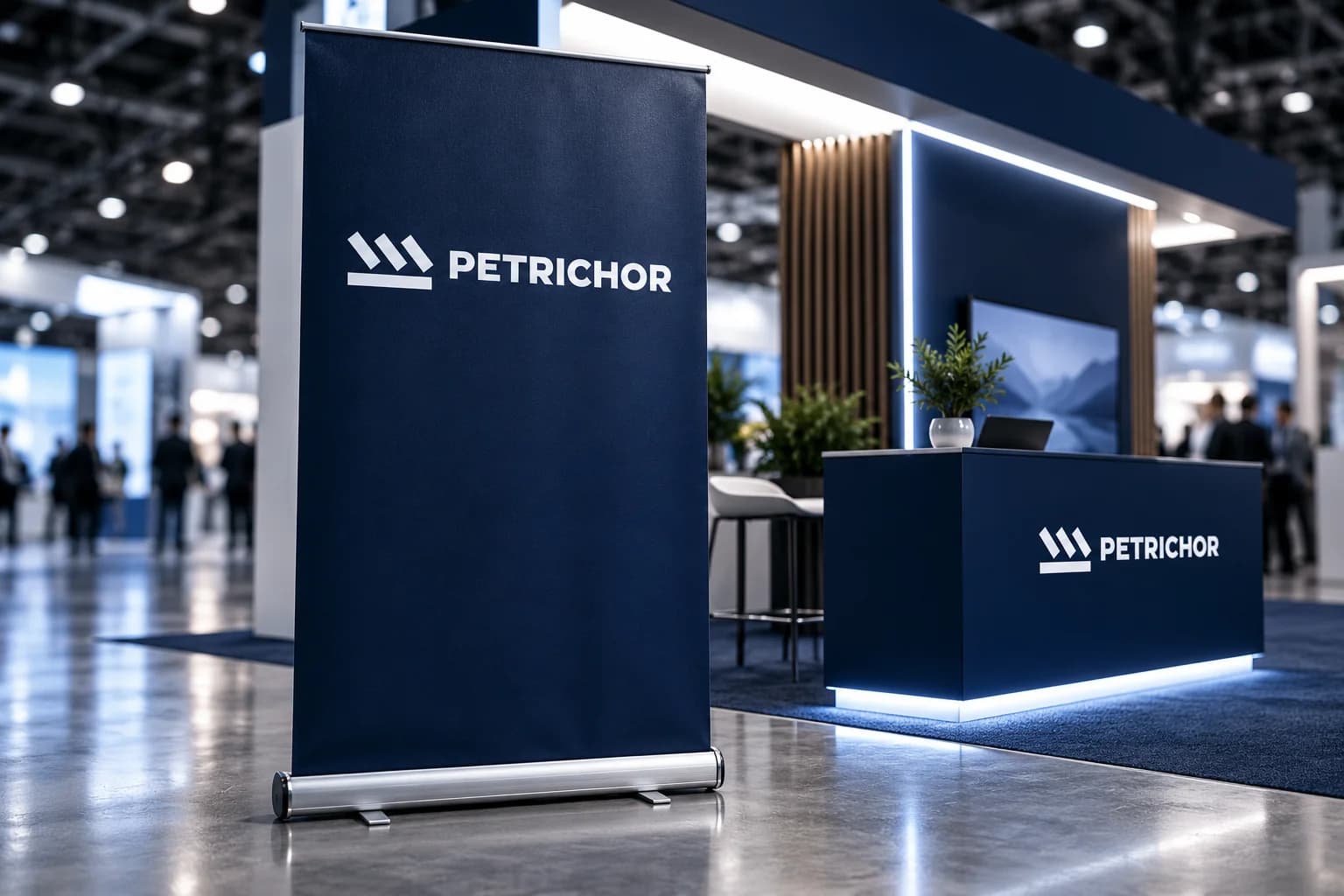 Petrichor branding on a navy trade show banner and reception counter.