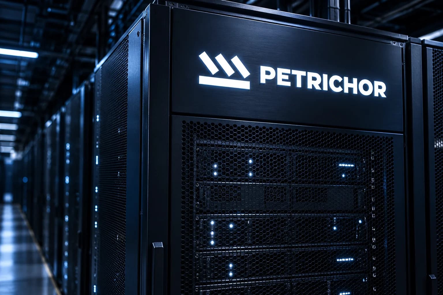 White Petrichor logo on a black server rack in a data center.