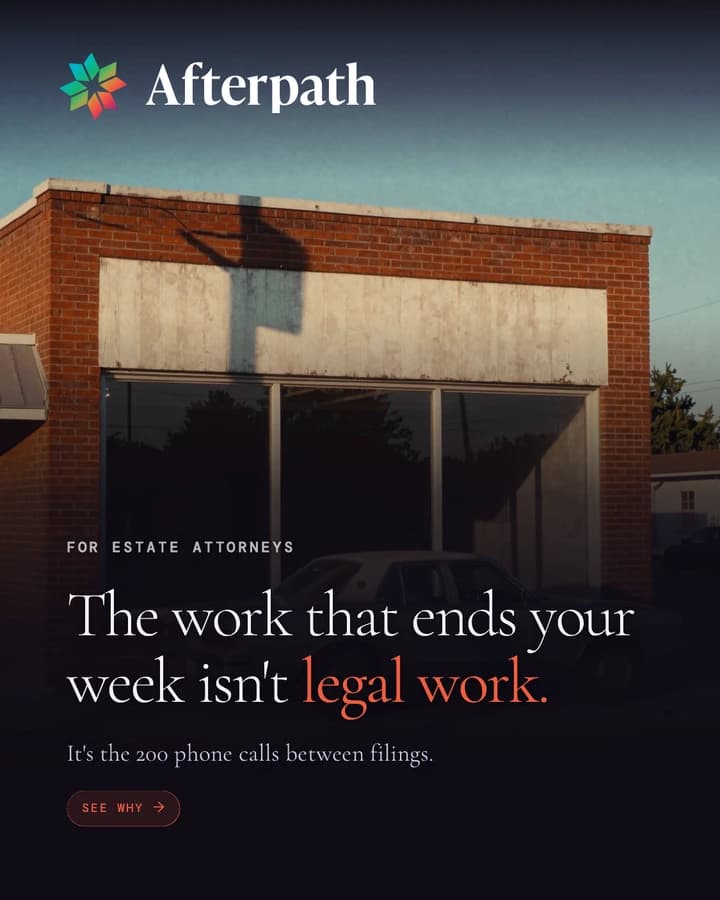Carousel cover: The work that ends your week isn't legal work. It's the 200 phone calls between filings. Brick storefront at dusk.