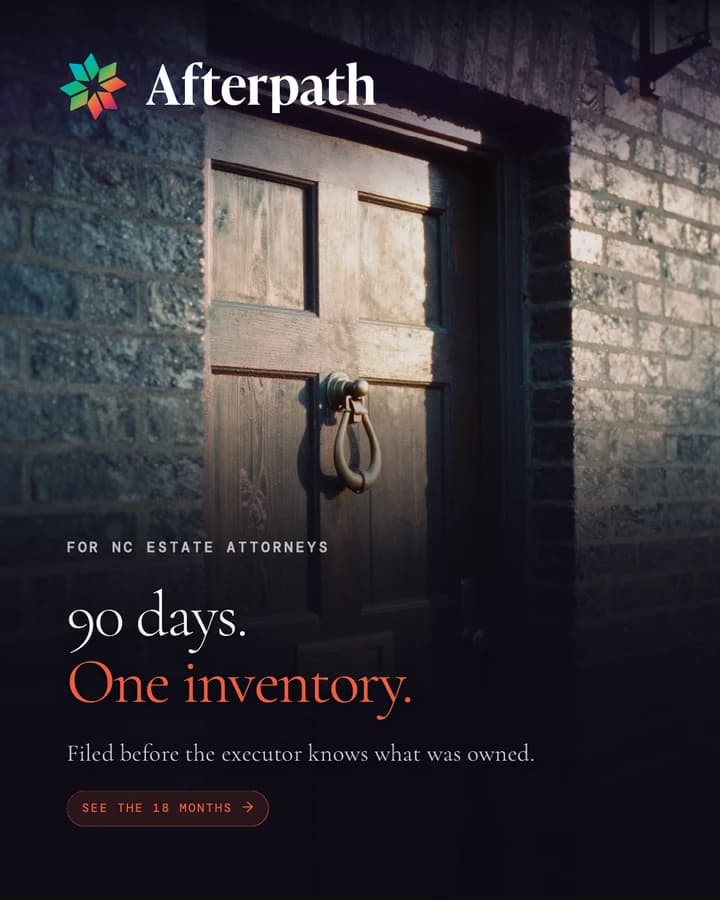 Carousel cover: 90 days. One inventory. Filed before the executor knows what was owned. Wooden door with an iron knocker.