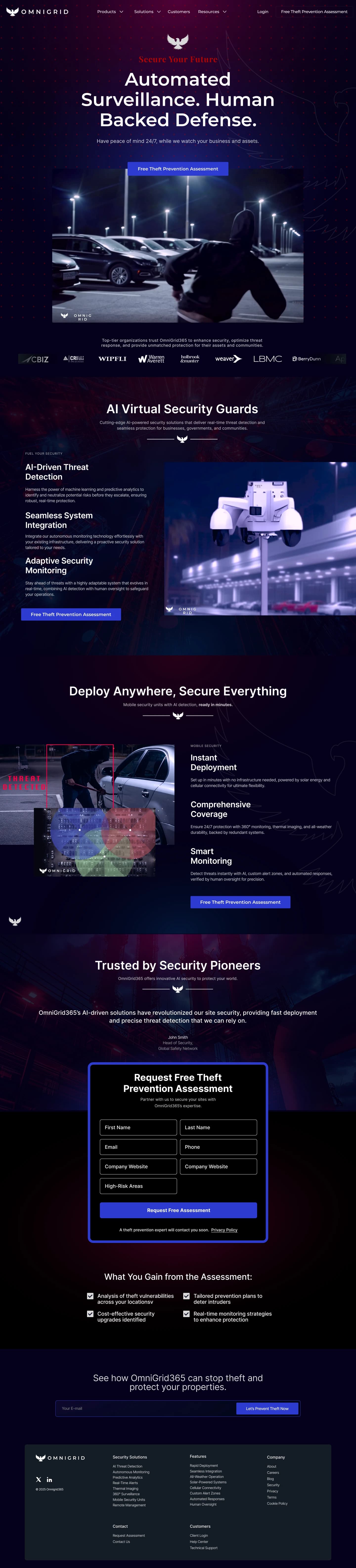 The full Omnigrid landing page design. Dark ink hero with the eagle mark and the headline Automated Surveillance. Human Backed Defense., a red dot grid running down the page, an AI Virtual Security Guards feature section, a Deploy Anywhere band, a Trusted by Security Pioneers logo section, a Request Free Theft Prevention Assessment form, and the footer.