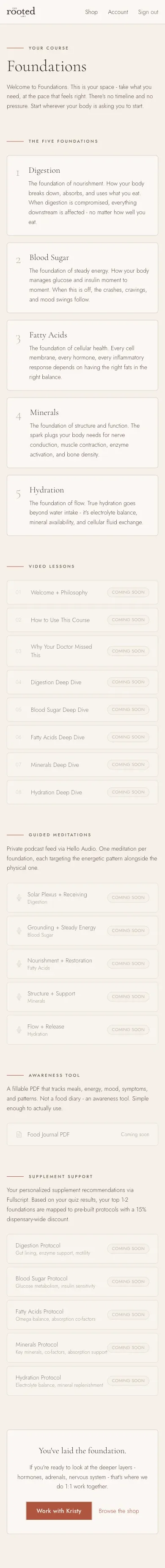 The purchased Foundations course on mobile: the five foundations with descriptions, eight video lessons, five guided meditations, the fillable food journal PDF, and supplement protocols.
