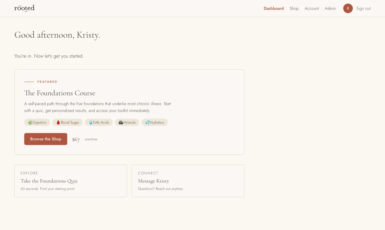 The portal dashboard after sign-in: 'Good afternoon, Kristy', the featured Foundations course card with its five foundation tags and $67 price, and quick cards for the foundations quiz and messaging.