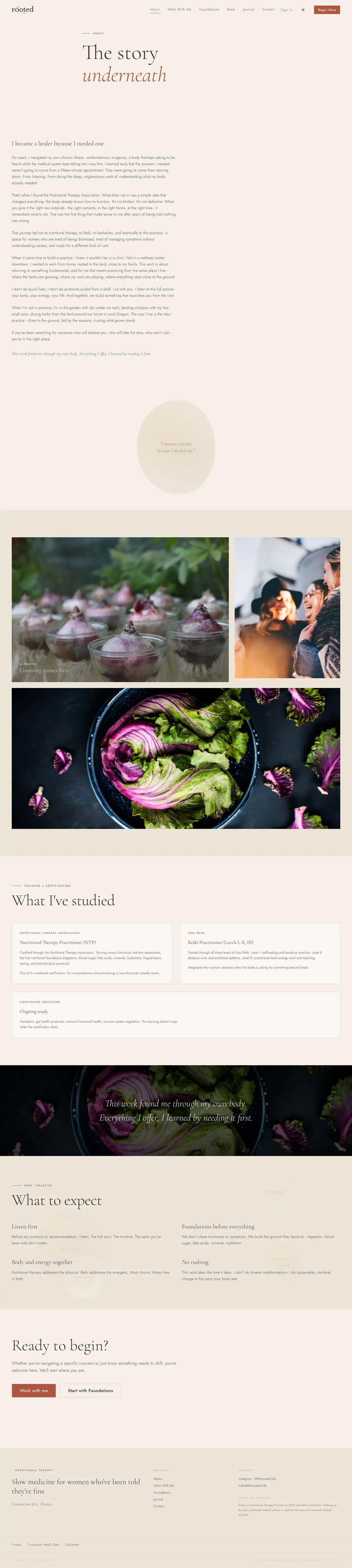 Full capture of the about page. 'I became a healer because I needed one', garden and kitchen photography, what to expect from her practice, and credentials.