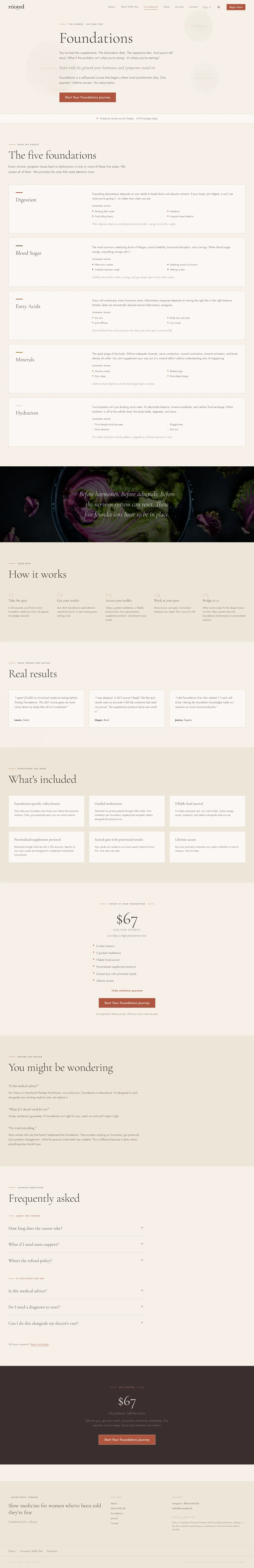 Full capture of the Foundations course sales page. The five foundations ledger, how it works, what's included, the $67 one-time pricing block with satisfaction guarantee, objection handling, and a frequently-asked section.