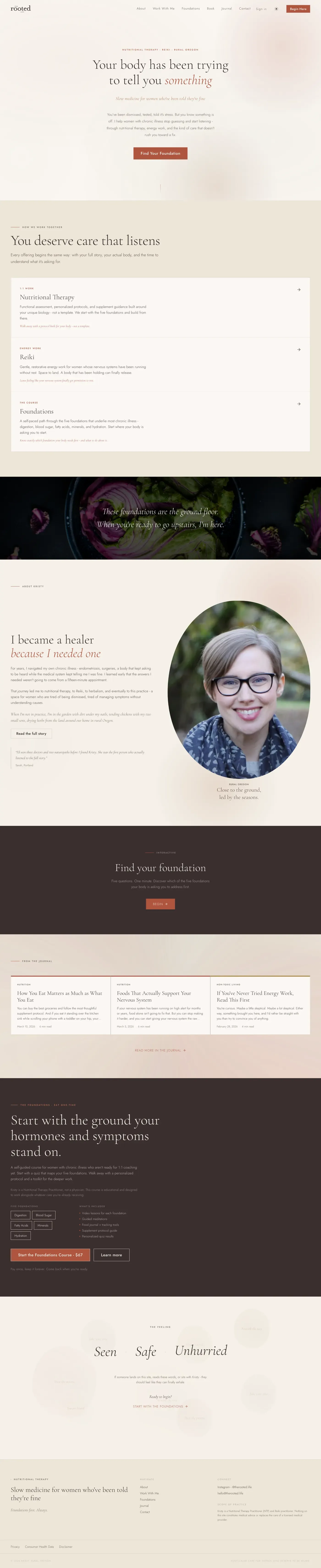 Full capture of the rootcausewell.com homepage. Cream canvas, Cormorant Garamond headline reading 'Your body has been trying to tell you something', three offering cards, Kristy's portrait, a dark quiz invitation band, journal teasers, and the $67 Foundations course pitch on black coffee.