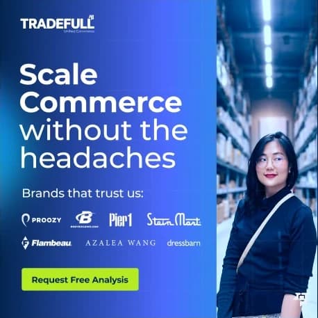 Tradefull Meta ad, square unit. Scale Commerce without the headaches over the campaign blue gradient, a warehouse portrait on the right, a client logo bar with Proozy, Pier 1, Stein Mart, Flambeau, Azalea Wang, and dressbarn, and a lime Request Free Analysis button.