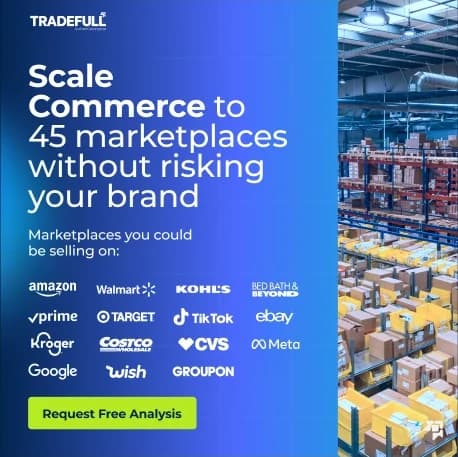 Tradefull Meta ad, square unit. Scale Commerce to 45 marketplaces without risking your brand, with a marketplace logo wall including Amazon, Walmart, Kohl's, Prime, Target, TikTok, eBay, Kroger, Costco, CVS, Google, Wish, and Groupon, and a warehouse photo on the right.