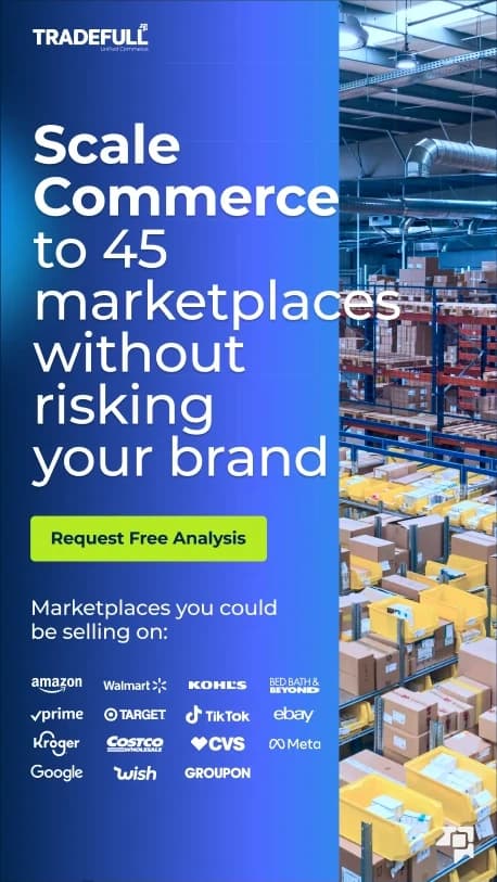 Tradefull Meta ad, story unit. Scale Commerce to 45 marketplaces without risking your brand over the blue gradient with the marketplace logo wall and a warehouse aisle photo.