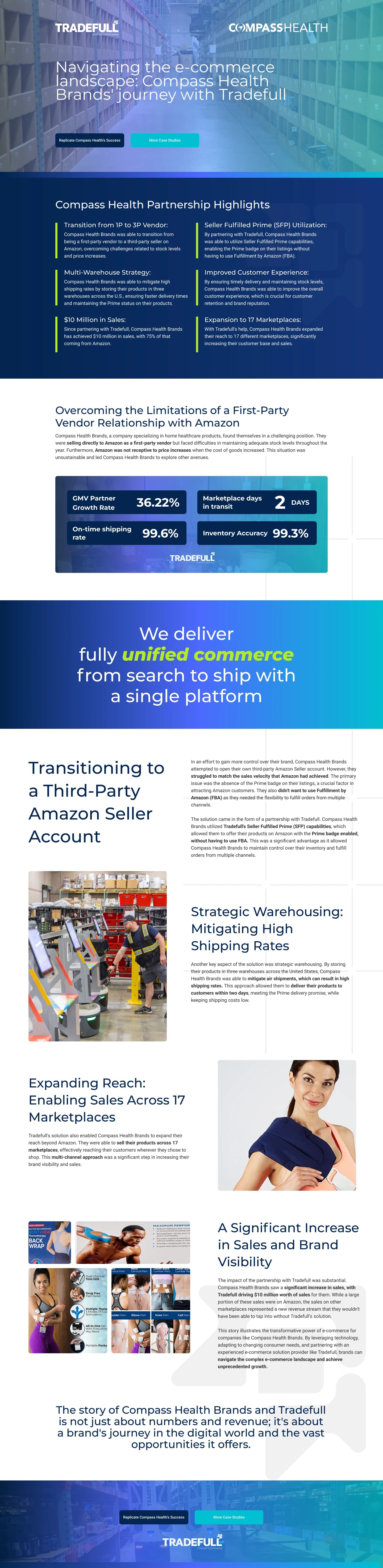 The Compass Health Brands case-study page design: navigating the ecommerce landscape, Compass Health Brands' journey with Tradefull, opening on a warehouse-aisle hero.