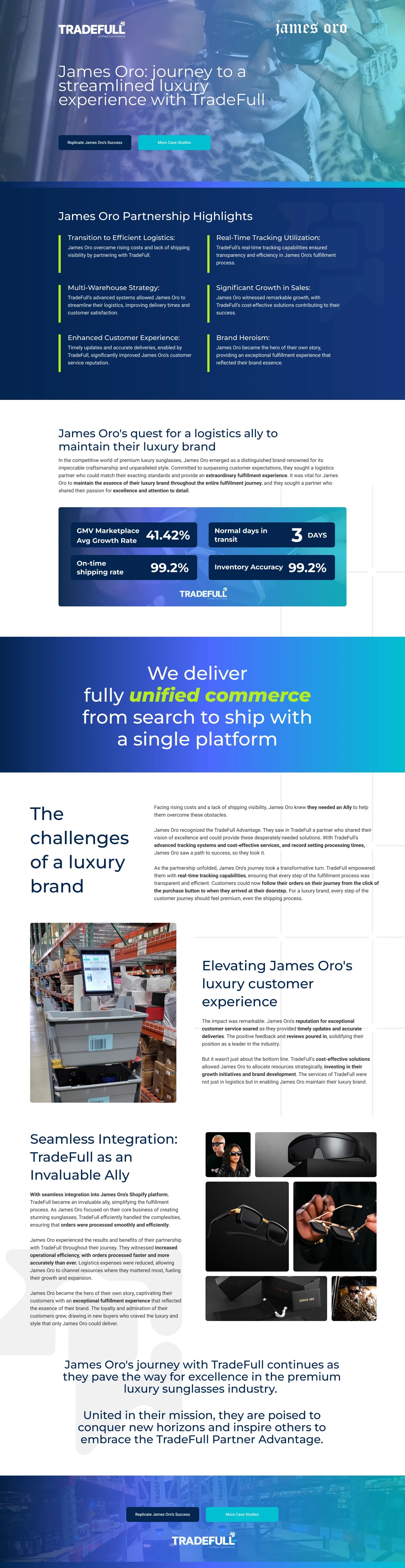 The James Oro case-study page design: a luxury sunglasses brand's journey to a streamlined luxury experience with Tradefull, with partnership highlights and the published stats 41.42% average marketplace GMV growth, 3 days normal transit, 99.2% on-time shipping, and 99.2% inventory accuracy.