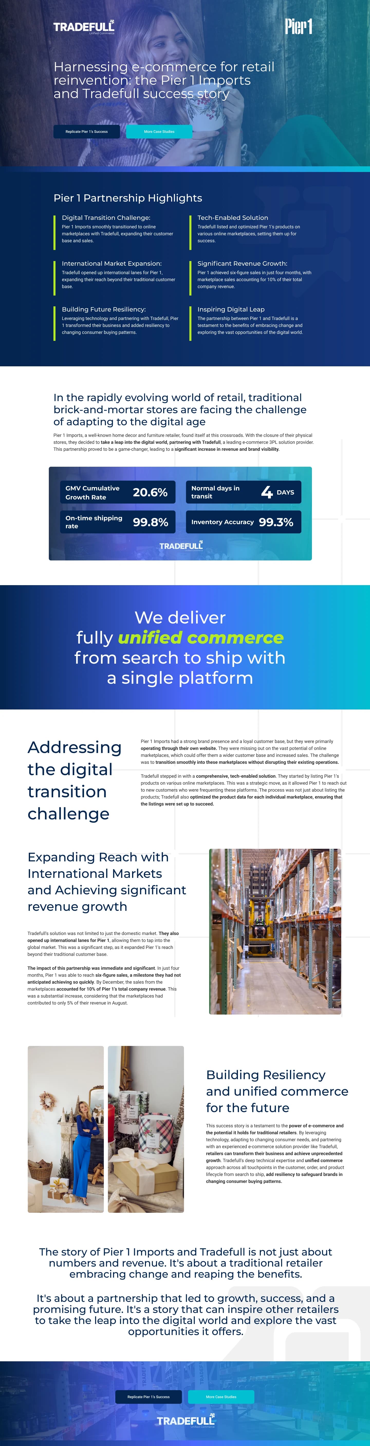 The Pier 1 Imports case-study page design: harnessing ecommerce for retail reinvention, the Pier 1 Imports and Tradefull success story, in the same page system as James Oro.