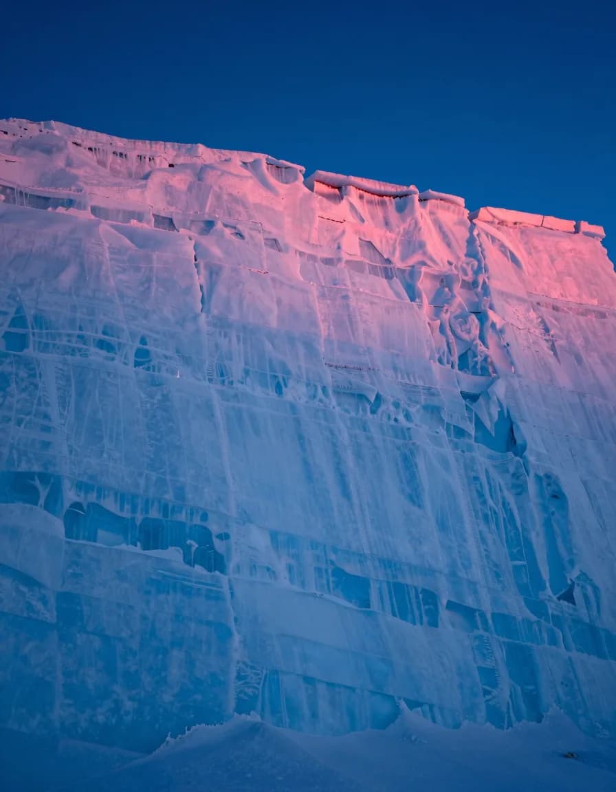 portrait orientation of electric-blue ice cliff strata with hot-pink sunset accent - companion image for the small-traffic DTC A/B testing essay