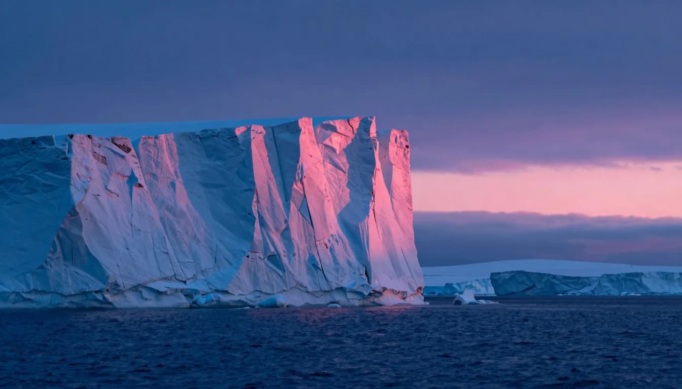 cinematic trail-aspect of electric-blue ice cliff strata with hot-pink sunset accent - companion image for the small-traffic DTC A/B testing essay