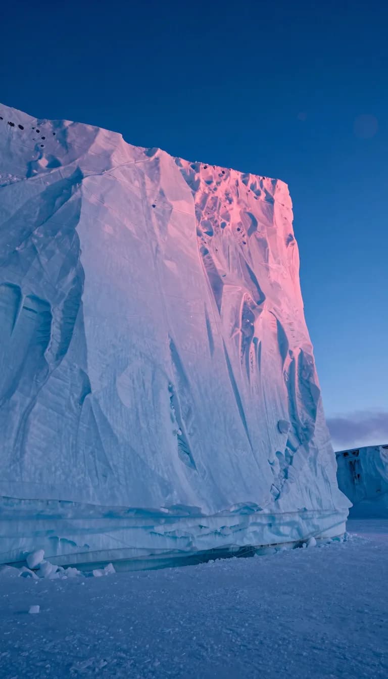 tall vertical of electric-blue ice cliff strata with hot-pink sunset accent - companion image for the small-traffic DTC A/B testing essay