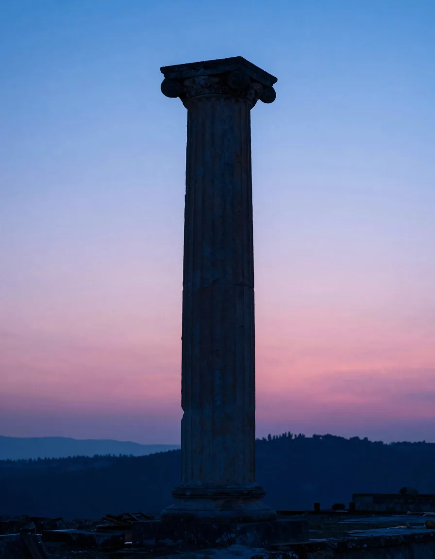 Ultra-wide backlit silhouette of a single tall translucent slab against a deep electric-blue evening sky, hot-pink magic-hour band along the low horizon.