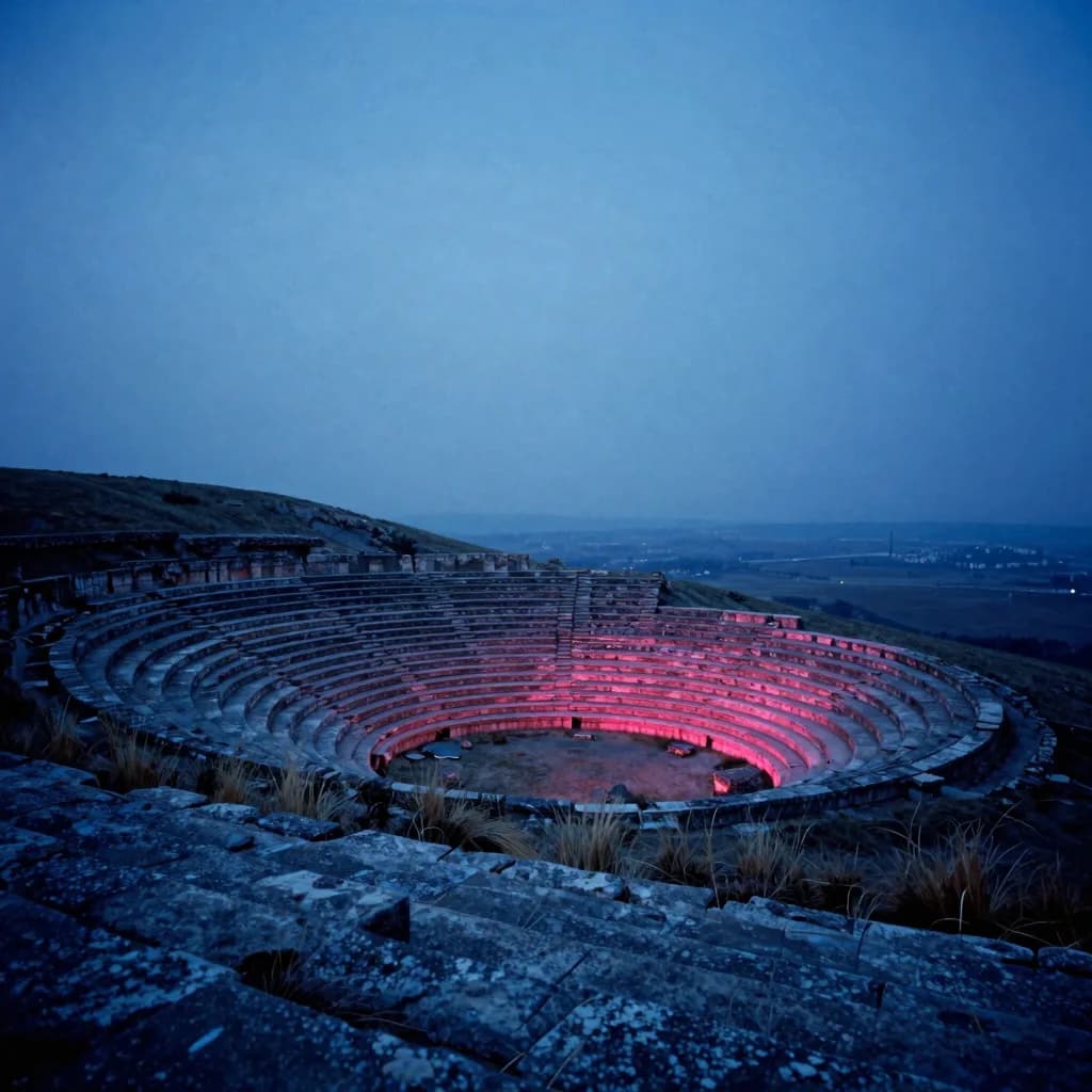 A single colossal ancient circular stone amphitheater carved into a hillside, reduced to a small distant form across a windswept upland at dusk, dwarfed by an immense sky.