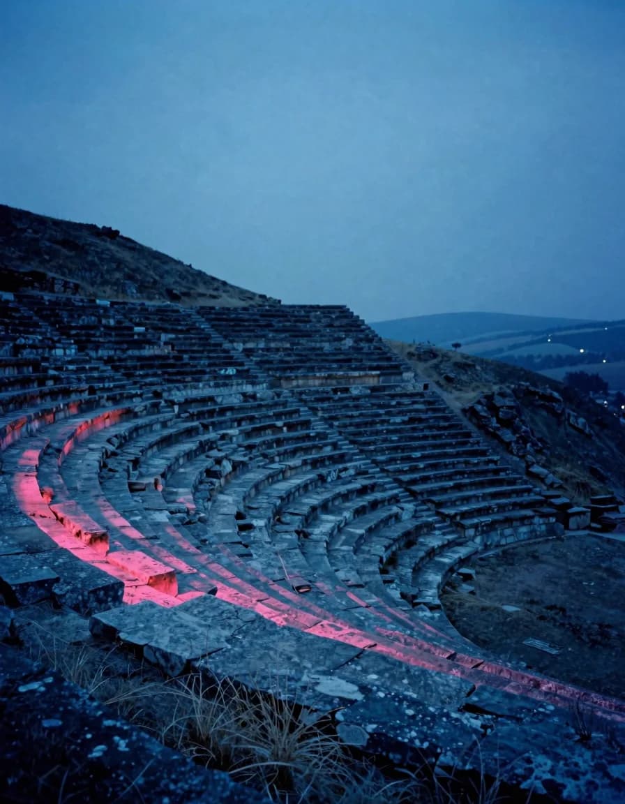 A single colossal ancient circular stone amphitheater carved into a hillside filling a tall vertical frame in a windswept upland at dusk.