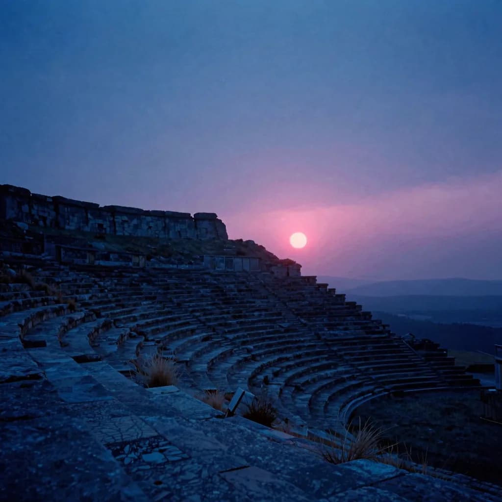 A single colossal ancient circular stone amphitheater as a near-silhouette, backlit by twin light sources against a windswept upland sky at dusk.