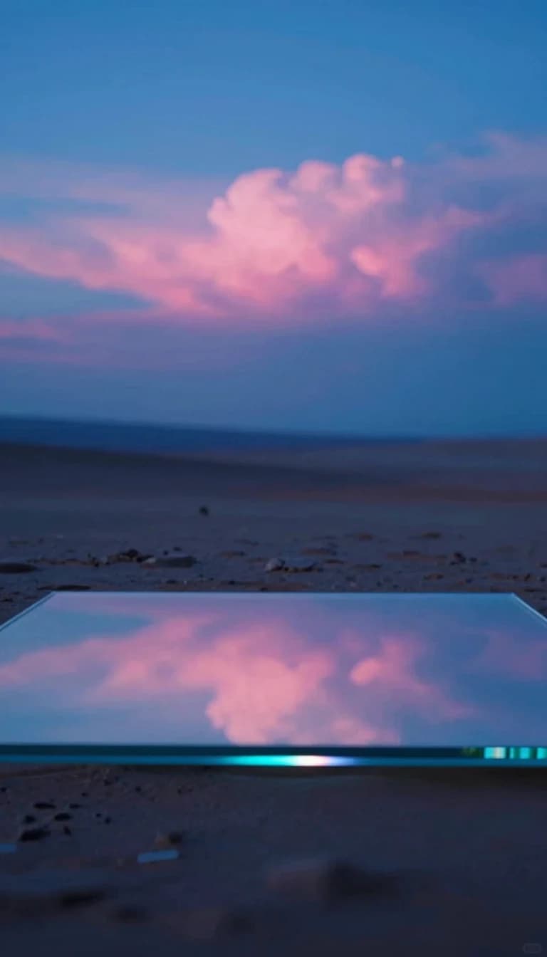 Camera at slab-level looking past the edge of an iridescent translucent glass slab on a desert basin floor, dusk sky filling the upper frame, alpenglow catching the slab edge.