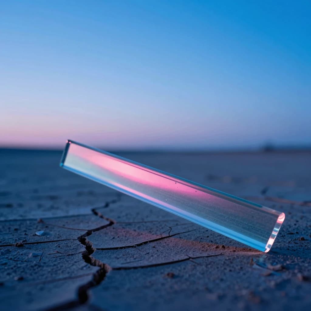 Macro edge of a single iridescent translucent glass slab catching dawn light on a cracked desert basin floor, refraction lines splitting through translucent layers.