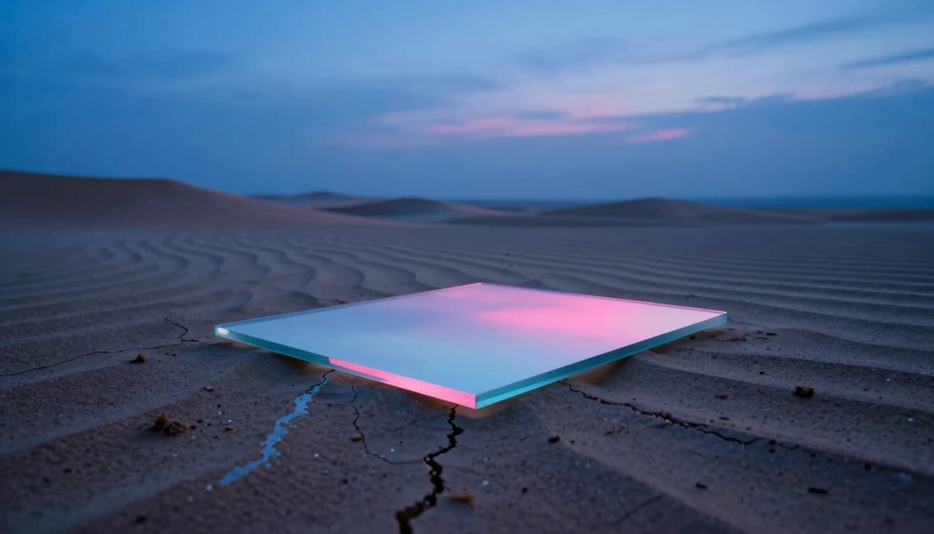 A single iridescent translucent glass slab lying flat on a cracked desert floor at dusk, low rippled dunes extending behind it toward the horizon.