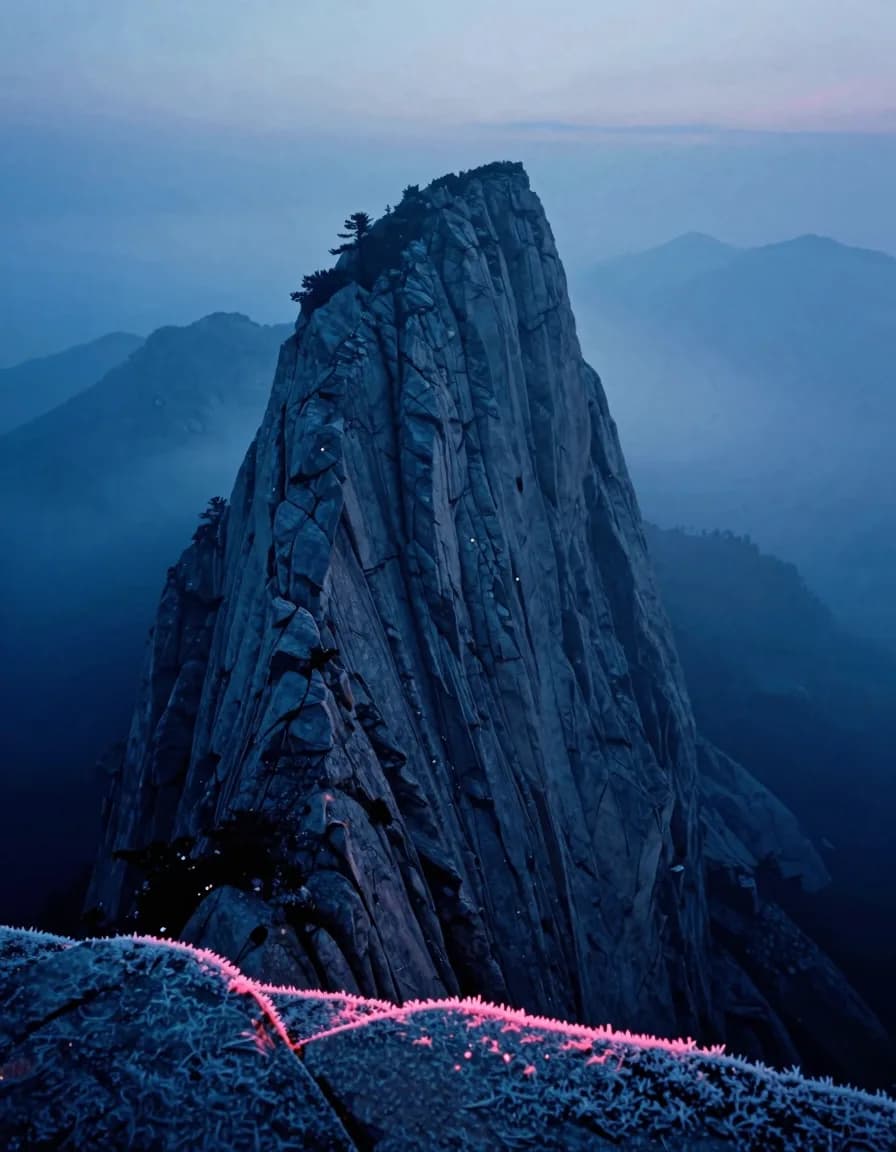 A single broad-shouldered dolomite mountain peak filling a tall vertical frame in a sea of low valley fog at first dawn light.