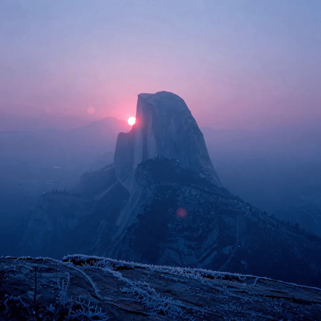 A single broad-shouldered dolomite mountain peak as a near-silhouette backlit by the twin light sources in a sea of low valley fog at first dawn light.