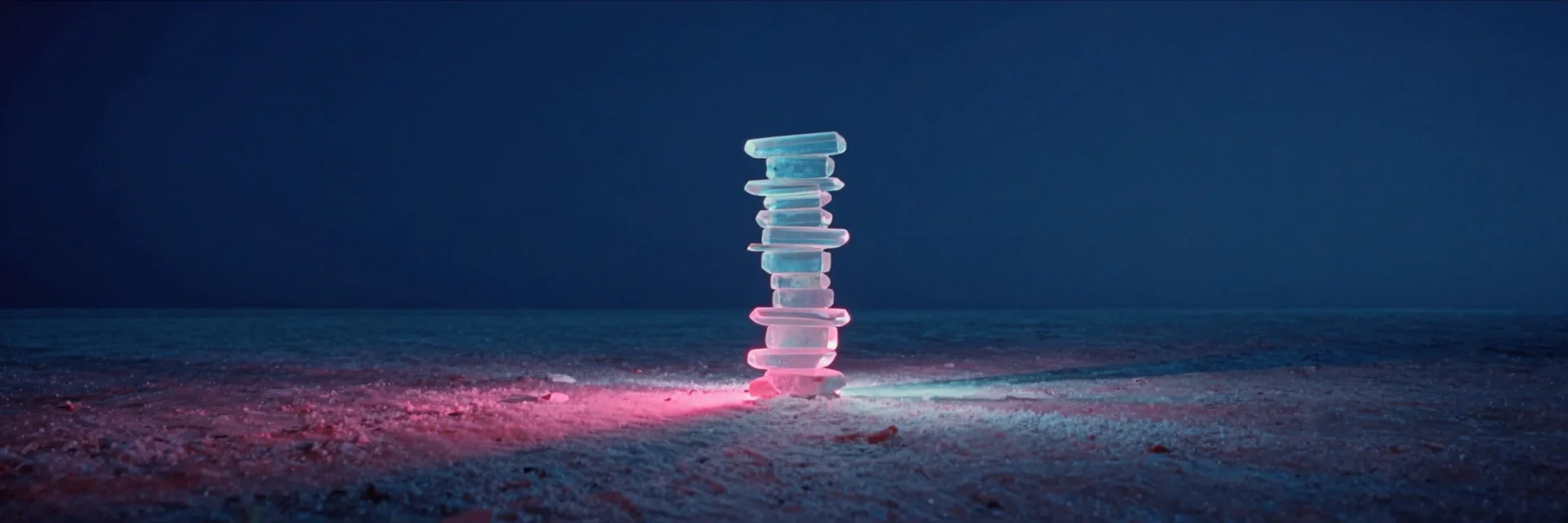 A dark polished salt flat stretching wide with a single tall stack of translucent iridescent glass slabs balanced into one column reduced to a faint far form at the edge of frame.