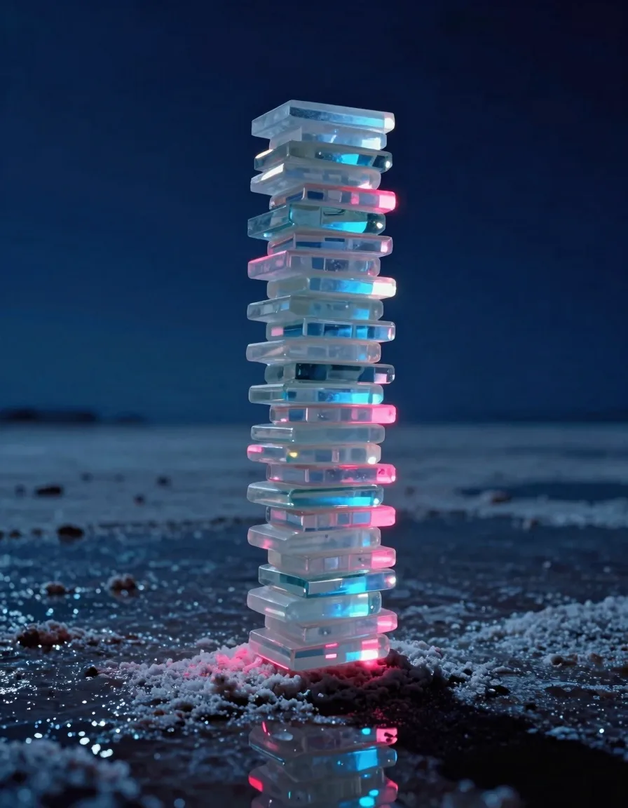 A single tall stack of translucent iridescent glass slabs balanced into one column filling a tall vertical frame in a dark polished salt flat.
