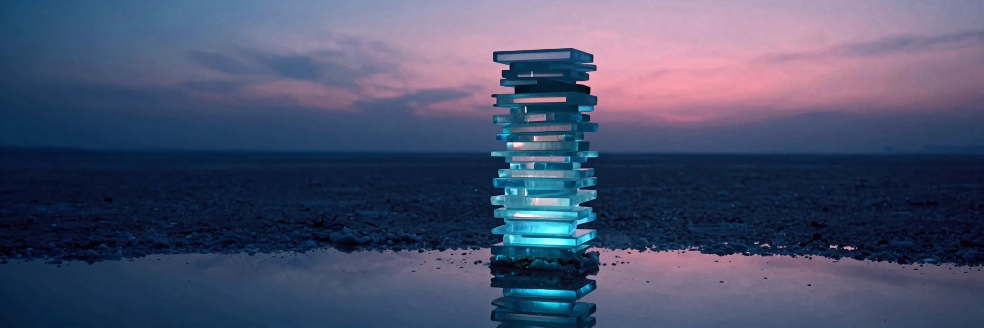 A single tall stack of translucent iridescent glass slabs balanced into one column mirrored on the wet salt crust directly below in a dark polished salt flat.