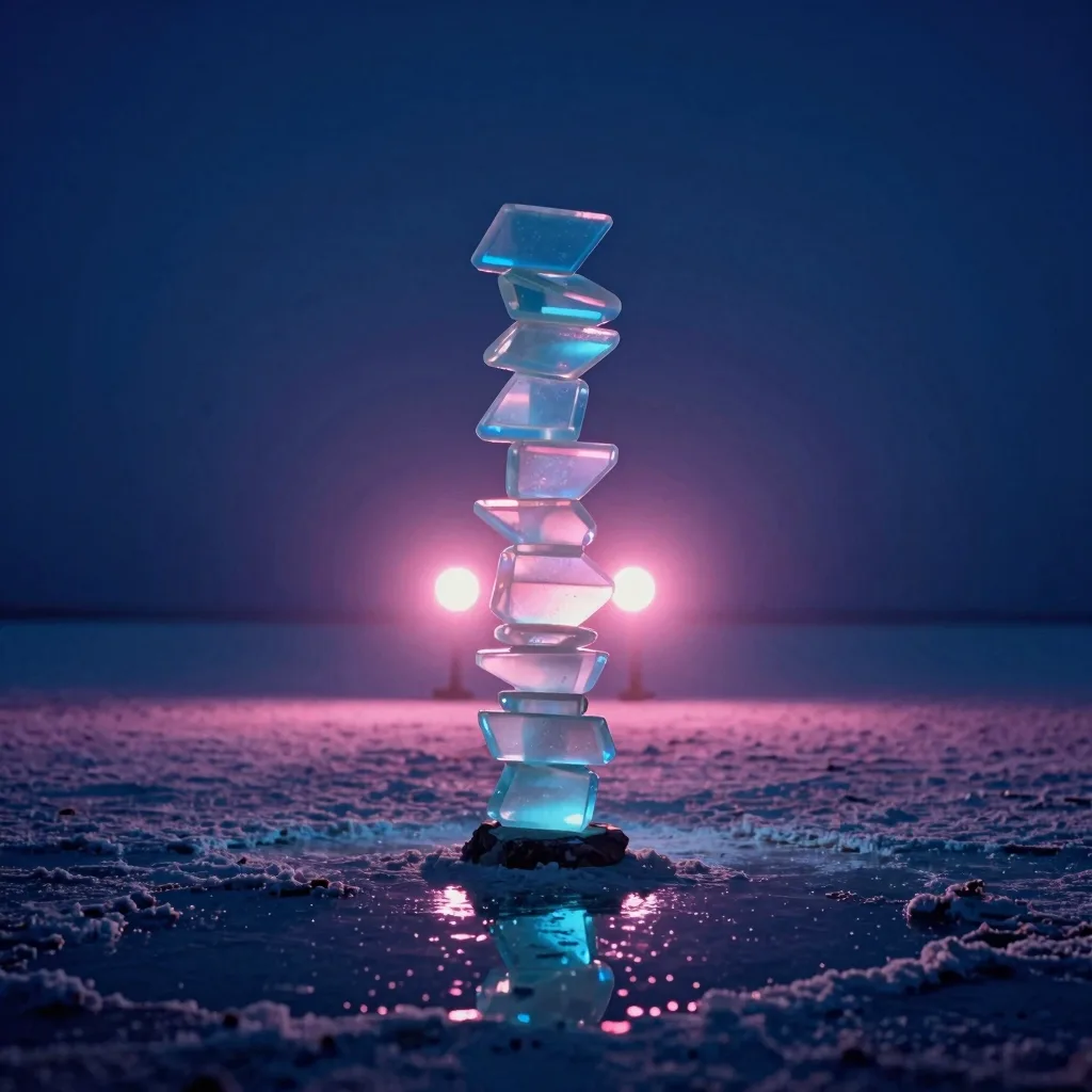 A single tall stack of translucent iridescent glass slabs balanced into one column as a near-silhouette backlit by the twin light sources in a dark polished salt flat.