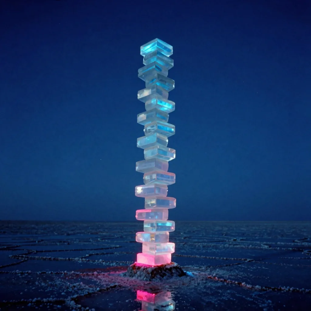 Looking straight up the full height of a single tall stack of translucent iridescent glass slabs balanced into one column from its base in a dark polished salt flat, the form towering into the sky.