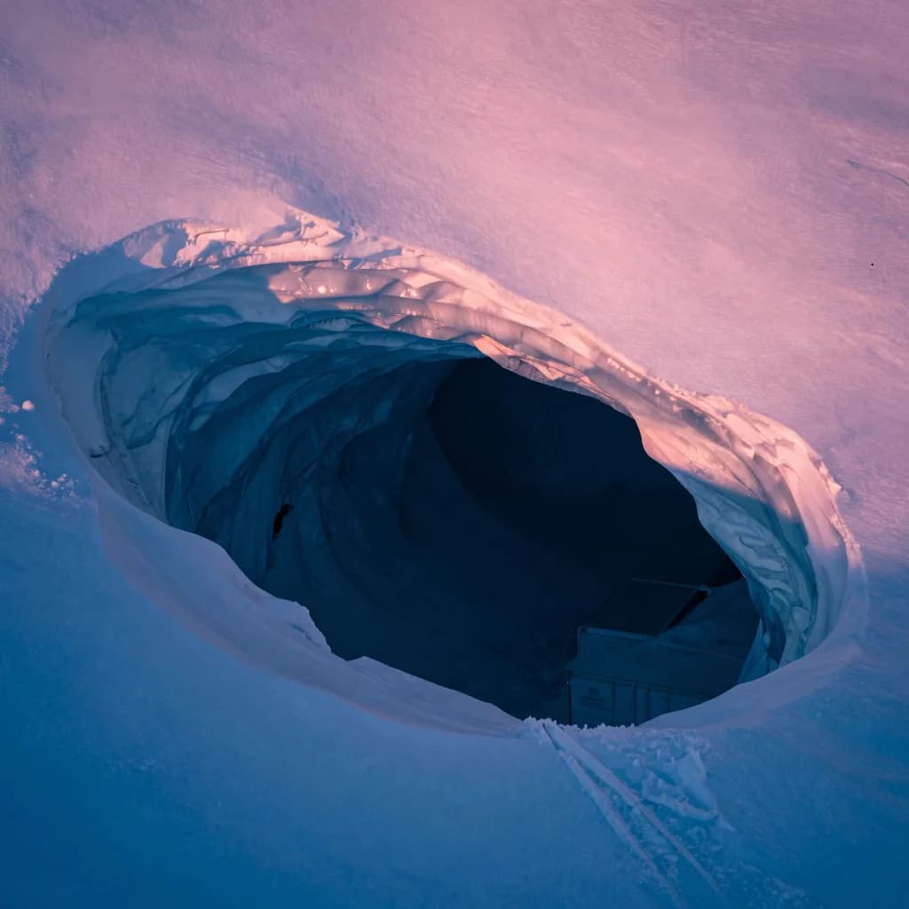 Close fragment of split ice with crystalline edges and a deep interior glow at the break.