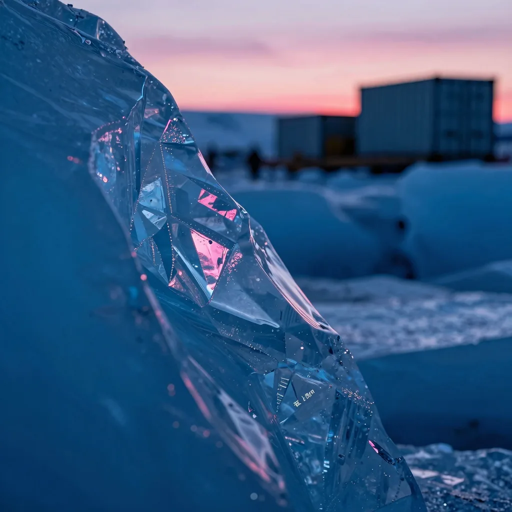 Tight macro of a single ice shard with sharp crystalline fractures, refractive surfaces close in.