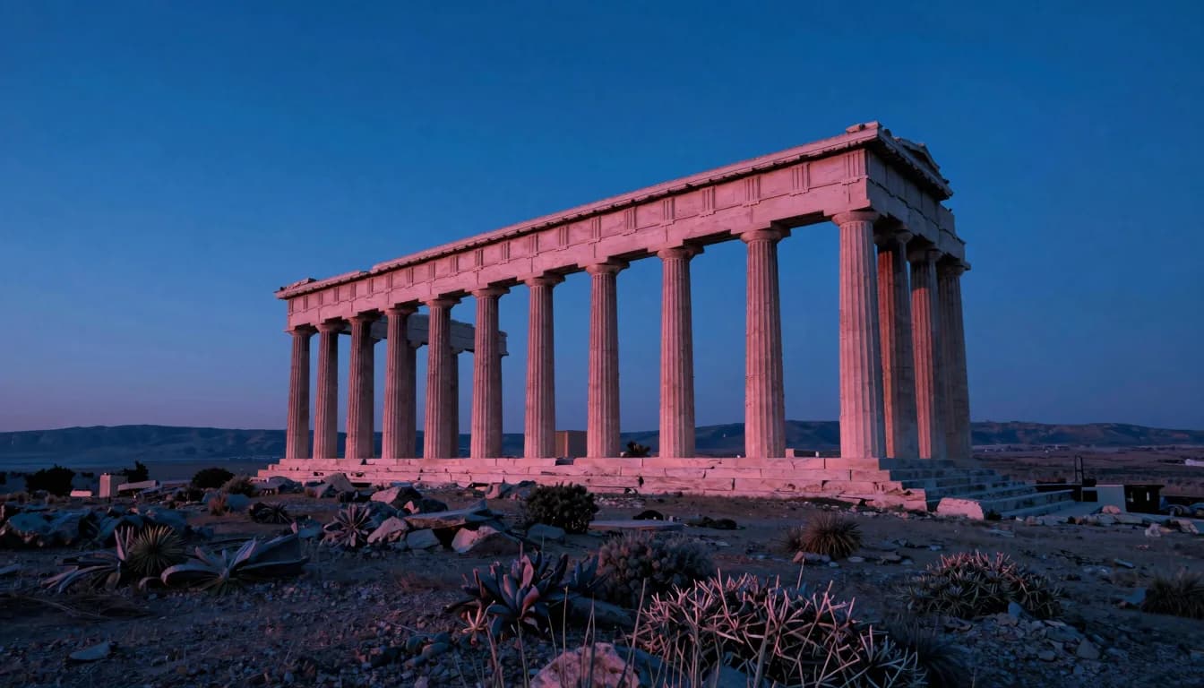Entire colonnade structure at dusk seen from a distant vantage, the diagonal line of columns visible against the gradient sky.