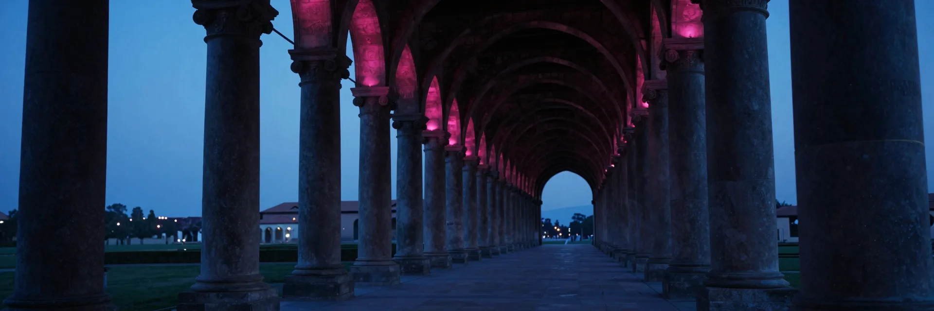 Ultra-wide looking down the length of the colonnade at dusk, dark weathered columns receding to a vanishing point with dramatic leading lines.