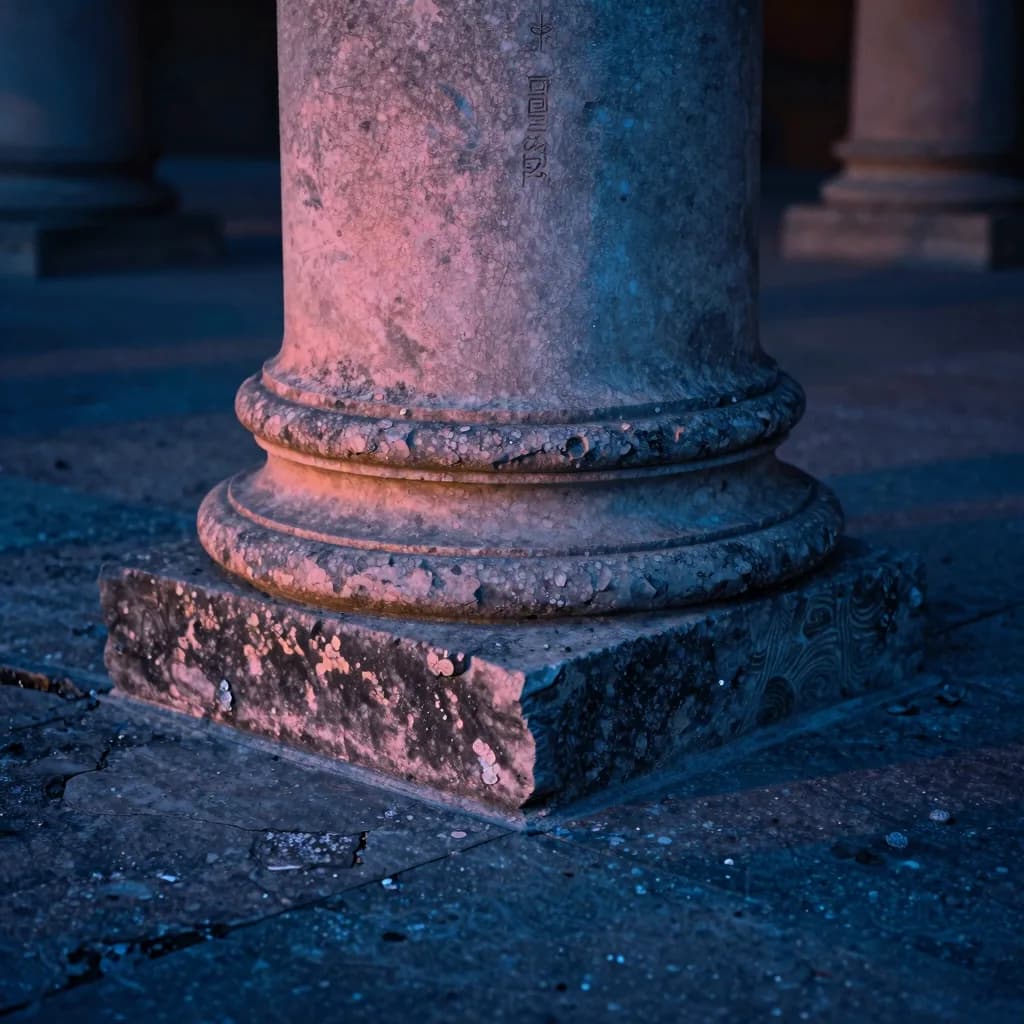 Close-up of the base of a single weathered stone column at dusk where the column meets the cracked stone floor.
