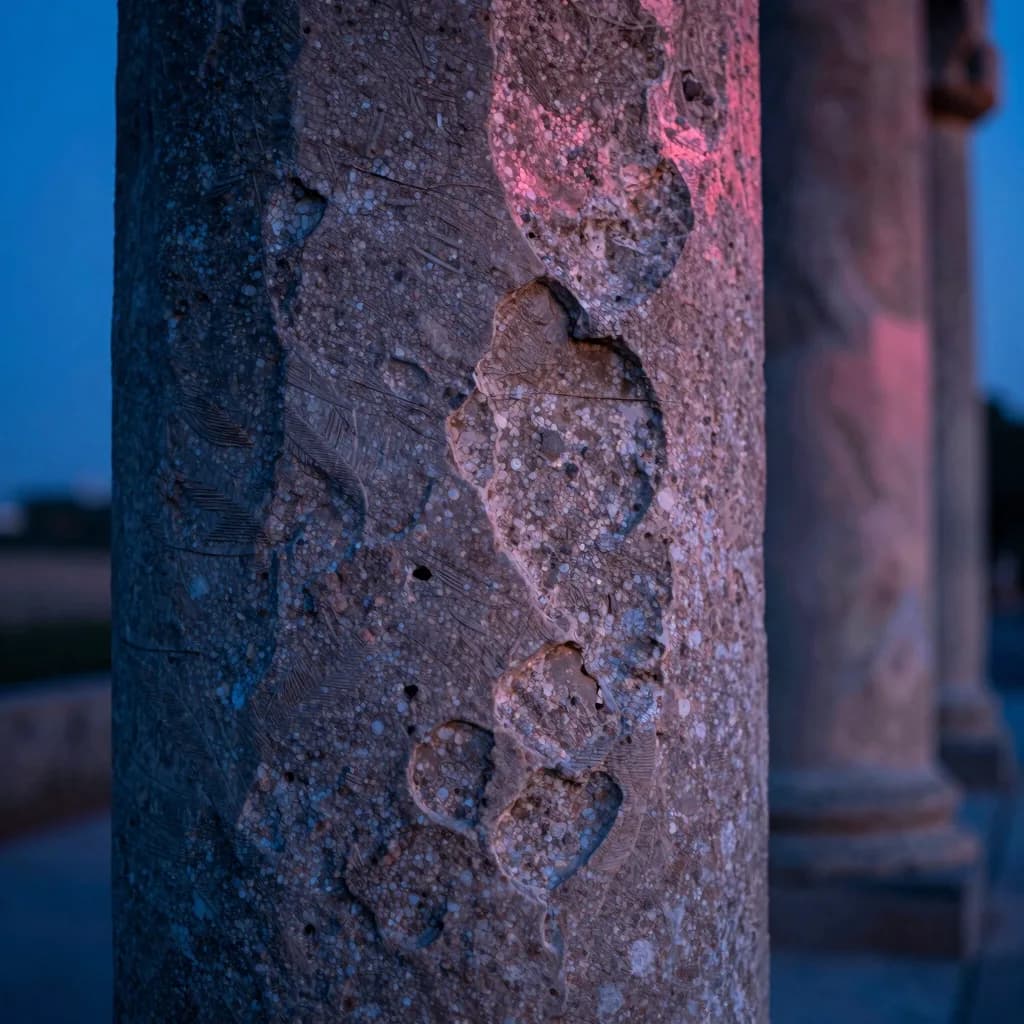 Close-up macro of a single weathered stone column at dusk showing fine erosion patterns, mineral deposits, and ancient weathering.